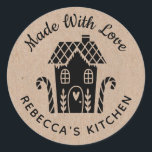 Made With Love Kraft Christmas  Classic Round Sticker<br><div class="desc">A personalized "made with love" sticker featuring a cute little gingerbread house with a heart and the words,  made with love on a kraft coloured background. Personalize it by adding your own name. A pretty finishing touch for all of your homemade gifts. Designed for you by Blackberry Boulevard.</div>