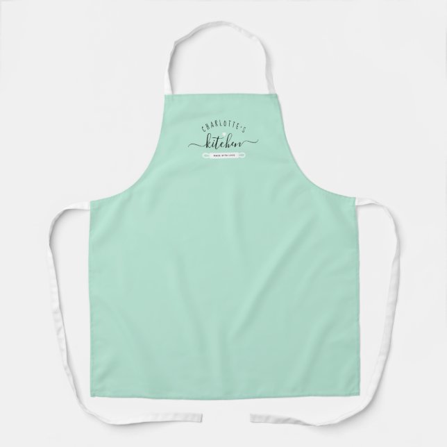 Made With Love Modern Mint Custom Name Kitchen Apron (Front)