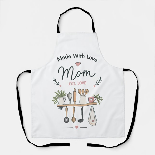 Made With Love Mom Est Cute Boho Kitchen Shelf Apron (Front)