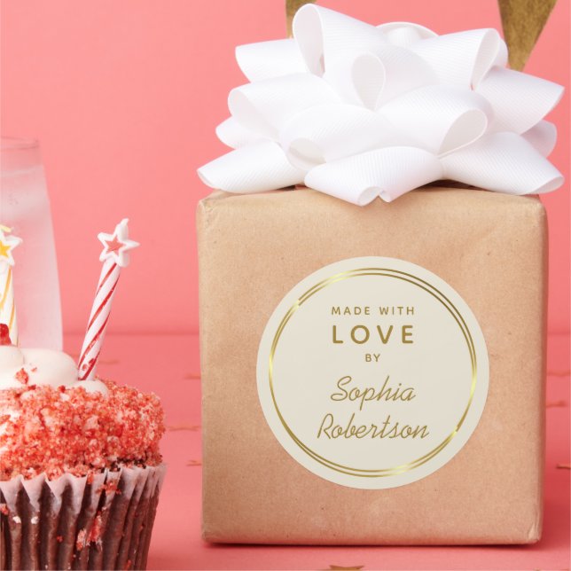 Made with Love Personalized Gold and Cream Classic Round Sticker (Party)