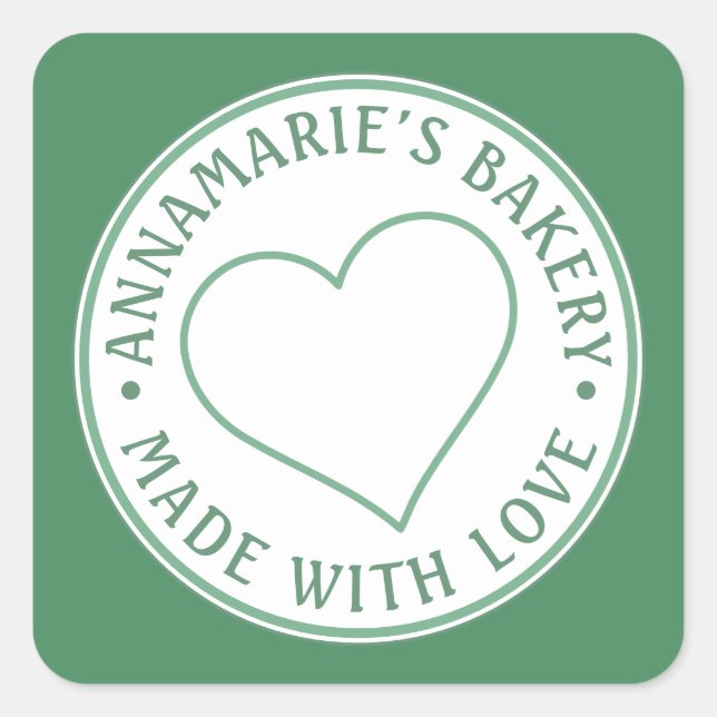 Made with Love Personalized Heart Homemade Green  Square Sticker (Front)
