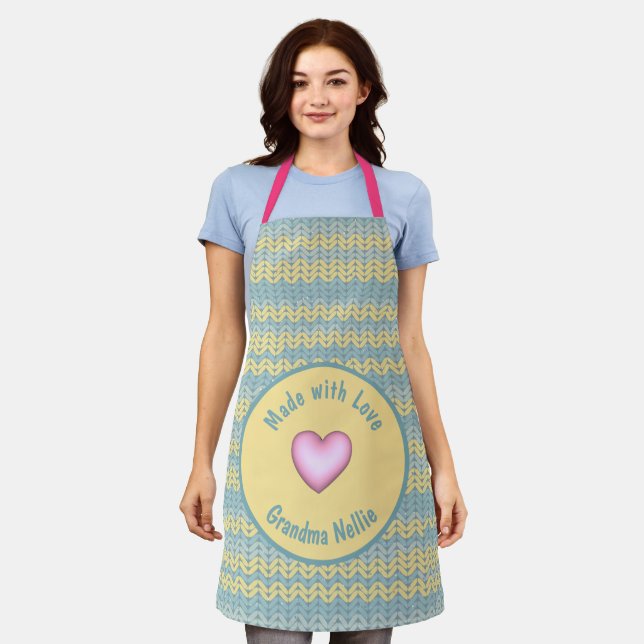 Made with Love Personalized Knit Crochet Heart  Apron (Worn)