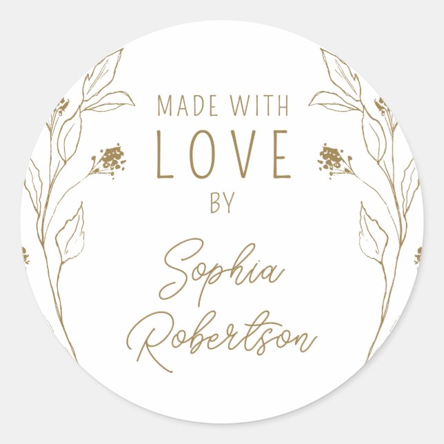 Made with Love Personalized Line Art Floral Classic Round Sticker (Front)