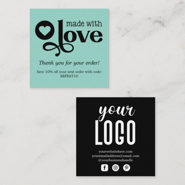 Made with Love Personalized Order Thank You Square Business Card (Front/Back)
