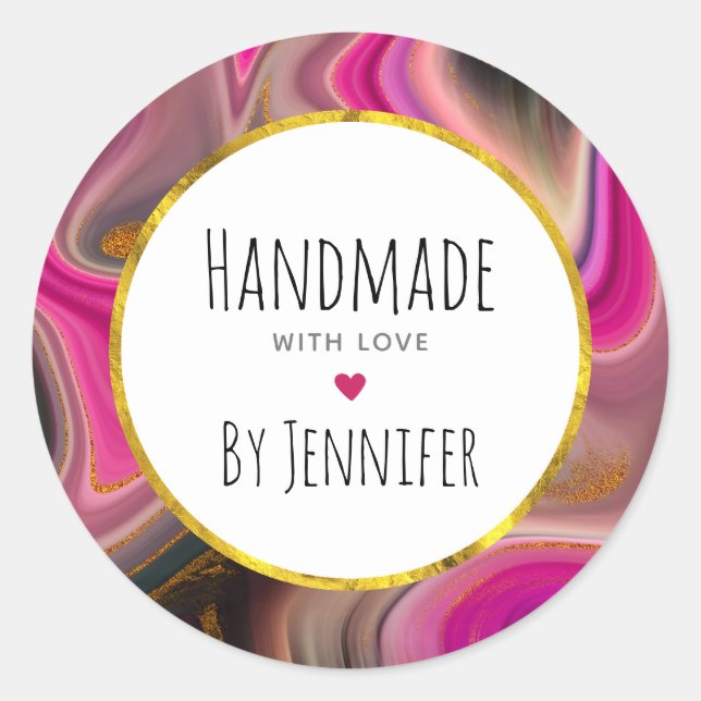 Made with Love Pink, Black, Gold Abstract Classic Round Sticker (Front)