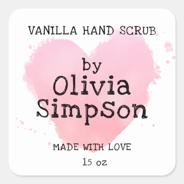 Made with Love Pink Heart Small Business Custom Square Sticker (Front)