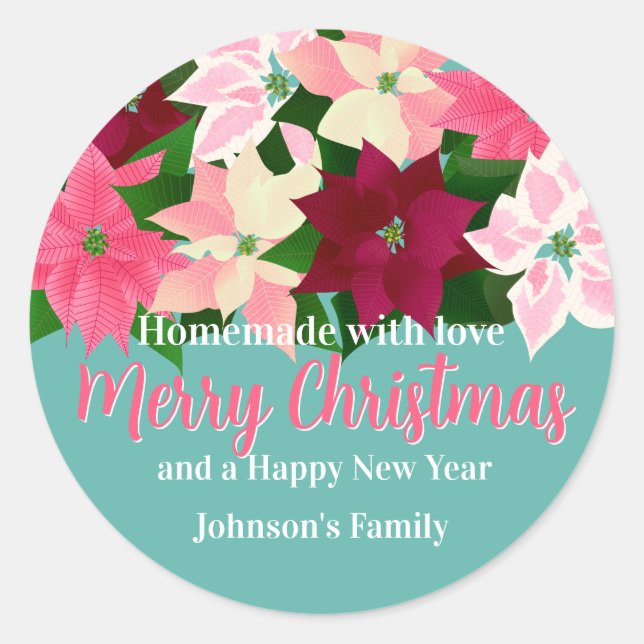 Made with Love - Pink Poinsettias Christmas Classic Round Sticker (Front)