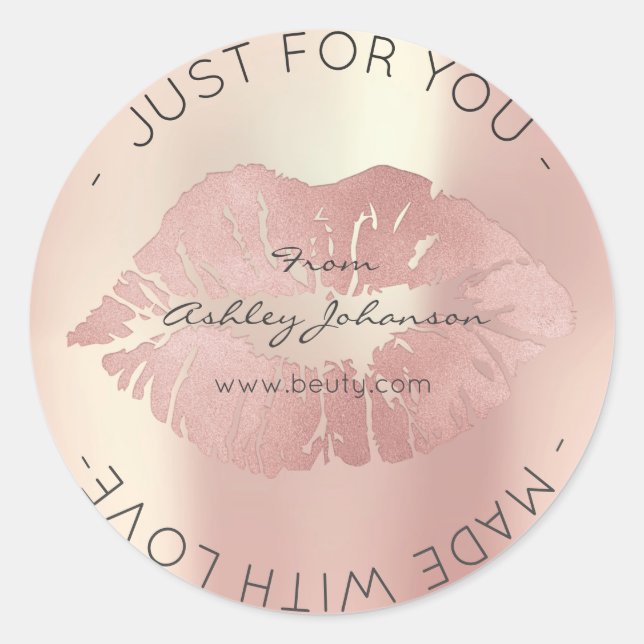 Made With Love Pink Rose Gold Makeup Lips Kiss Classic Round Sticker (Front)