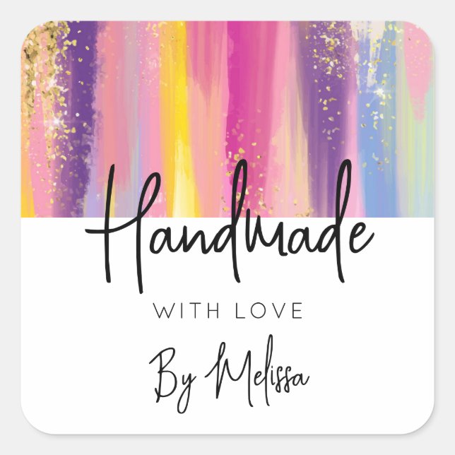 Made with Love Rainbow Stripes with Gold Glitter Square Sticker (Front)