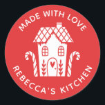 Made With Love Red Christmas Classic Round Stick Classic Round Sticker<br><div class="desc">A personalized "made with love" sticker featuring a cute white gingerbread house with a heart and the words,  made with love on a red coloured background. Personalize it by adding your own name. A pretty finishing touch for all of your homemade gifts. Designed for you by Blackberry Boulevard.</div>