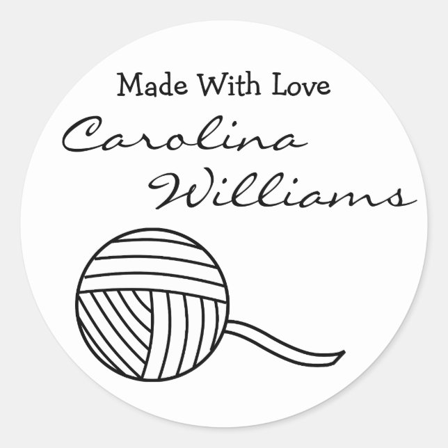 Made With Love Round Black White Ball of Yarn v2 Classic Round Sticker (Front)