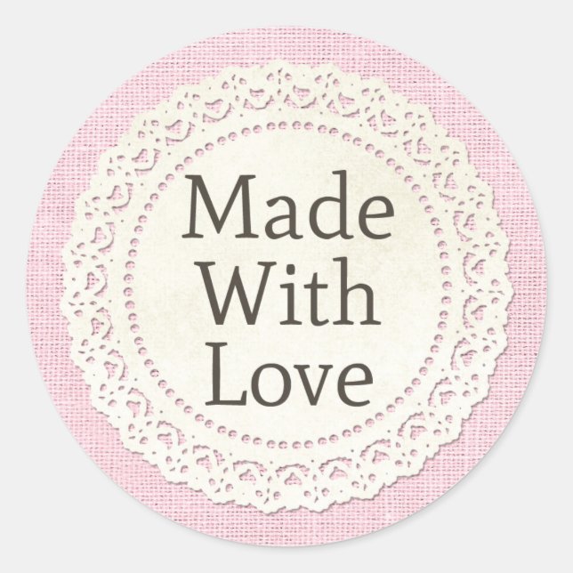 Made With Love Rustic Country Lace Doily on Burlap Classic Round Sticker (Front)