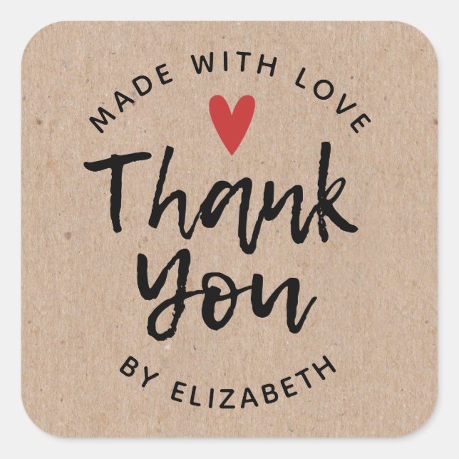 Made With Love Rustic Kraft Paper Thank You Square Sticker (Front)