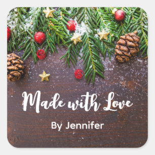Made with Love Rustic Xmas Table with Pine & Snow Square Sticker