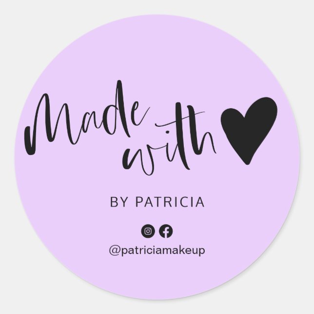 Made with love script minimalist purple classic round sticker (Front)