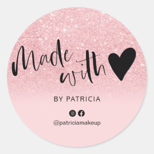 Made with love script pink glitter sparkles classic round sticker