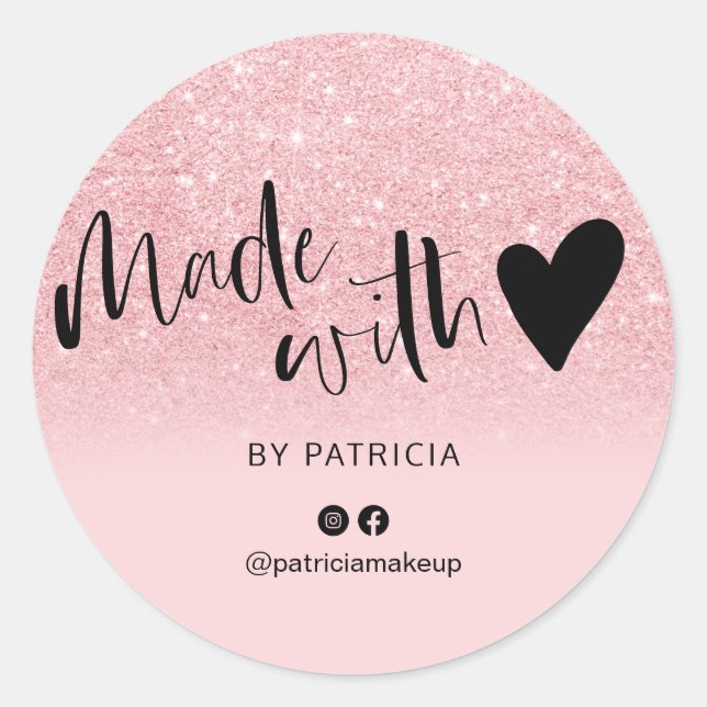 Made with love script pink glitter sparkles classic round sticker (Front)