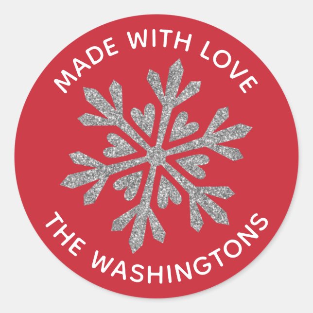 Made with Love Silver Glitter Snowflake Classic Round Sticker (Front)