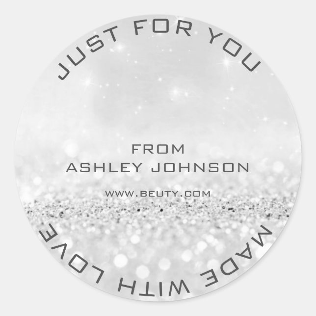 Made With Love Silver Grey Glitter Sparkly Name Classic Round Sticker (Front)
