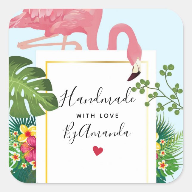 Made with Love Stylish Pink Flamingo Square Sticker (Front)