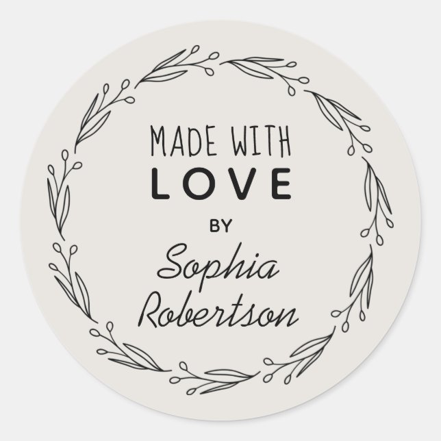 Made with Love Wreath Neutral Eggshell Classic Round Sticker (Front)