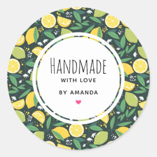 Made with Love Yellow Lemon and Lime Fruit Pattern Classic Round Sticker