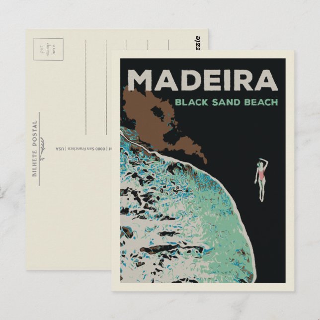 Madeira black sand beach illustration Portugal Postcard (Front/Back)