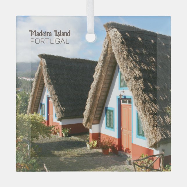 Madeira Island photo with Typical Houses, Portugal Glass Ornament (Front)