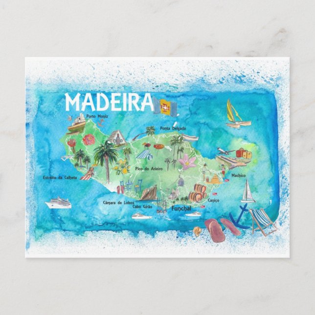 Madeira Portugal Island Illustrated Map Holiday Postcard (Front)