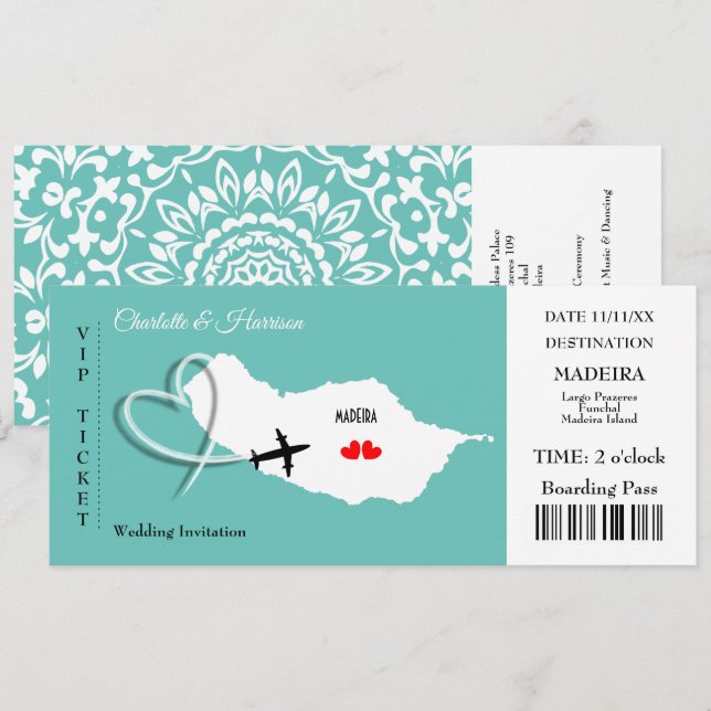 Madeira Wedding Destination Ticket Boarding Pass Invitation (Front/Back)