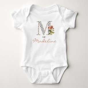 Madeline Name Reveal Floral Letter M Girl Flower Baby Bodysuit
