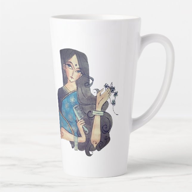 Madhubani blue fish and traditional lady latte Mug (Right)
