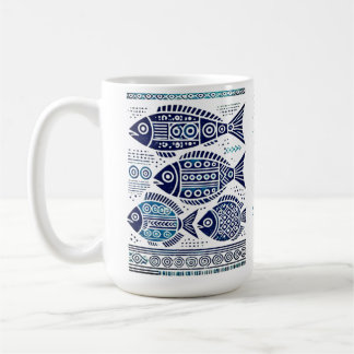 Madhubani blue fish and traditional lady Mug