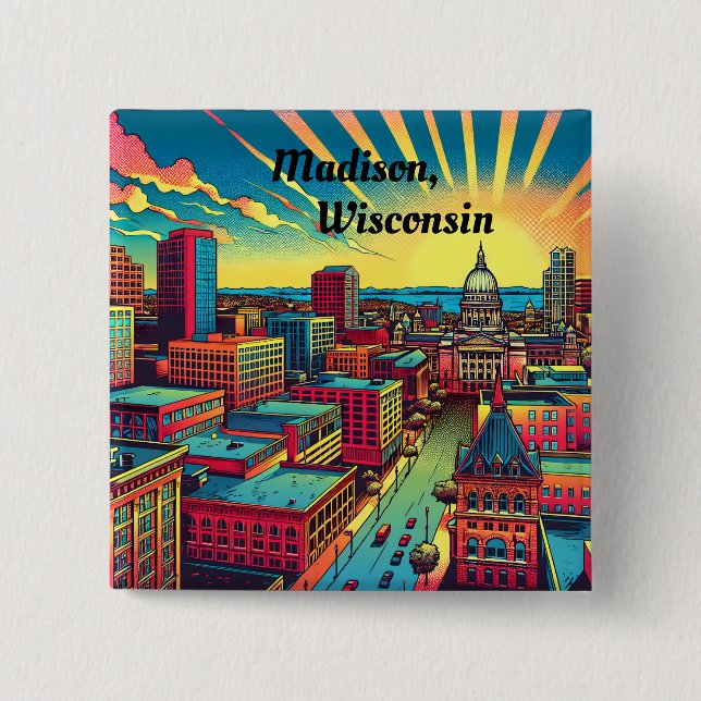 Madison, Wisconsin Skyline at Sunset   2 Inch Square Button (Front)