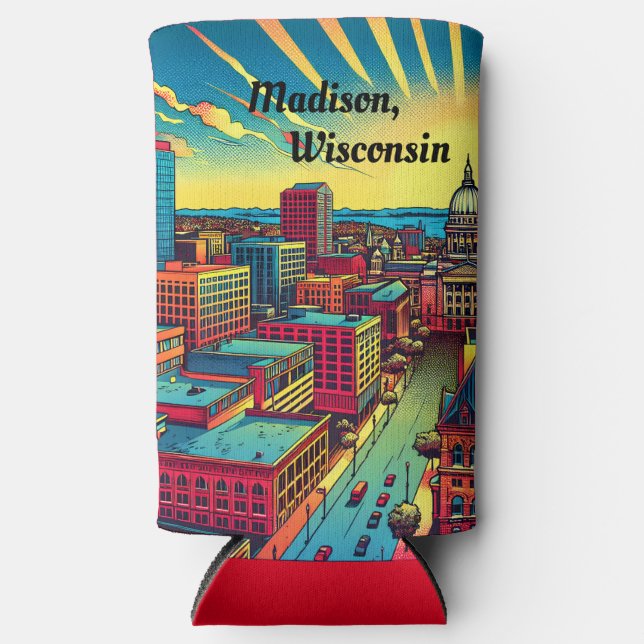 Madison, Wisconsin Skyline at Sunset   Seltzer Can Cooler (Front)