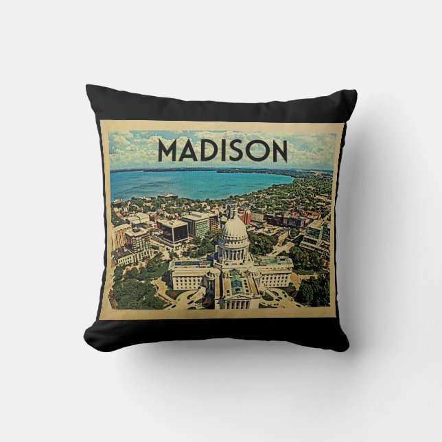 Madison Wisconsin Vintage Travel Throw Pillow (Front)