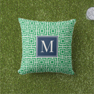 MadisonSage Square Lattice Monogram – Green & Navy Outdoor Pillow
