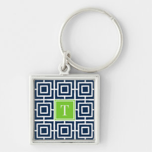 MadisonSage Square Lattice Monogram - Navy & Lime Keychain