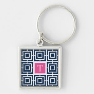 MadisonSage Square Lattice Monogram - Navy & Pink Keychain