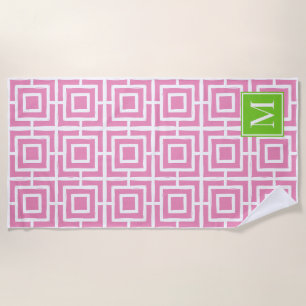 MadisonSage Square Lattice Monogram – Pink & Lime Beach Towel