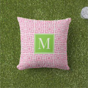 MadisonSage Square Lattice Monogram – Pink & Lime Outdoor Pillow