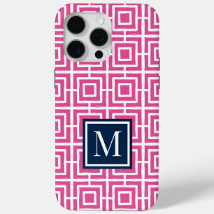 MadisonSage Square Lattice Monogram – Pink & Navy iPhone 15 Pro Max Case
