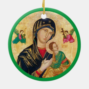 Madonna and child Christmas & green frame Ceramic Ornament