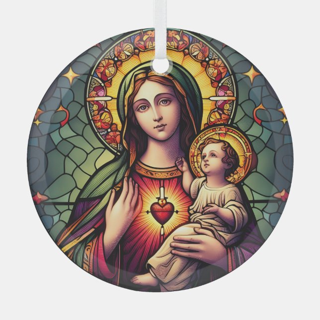 Madonna and Child Stained Glass Glass Ornament (Front)