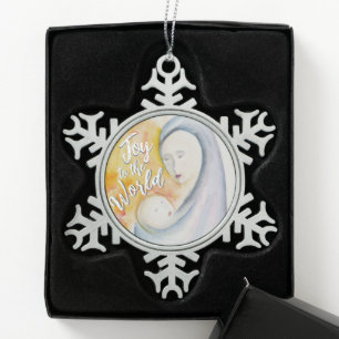 Madonna and Child Watercolor Joy to the World  Snowflake Pewter Christmas Ornament