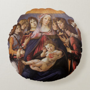 Madonna and Child with Angels by Sandro Botticelli Round Pillow