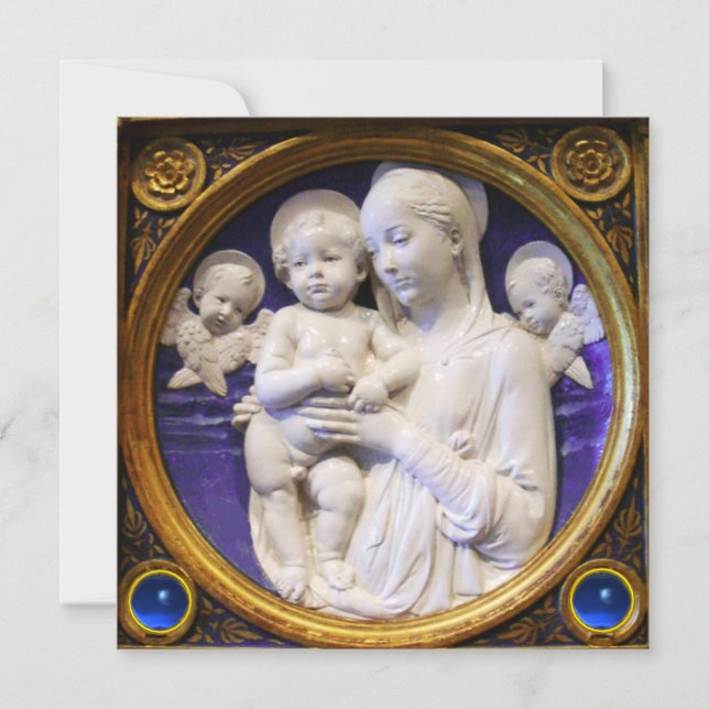 MADONNA,CHILD AND ANGELS Blue Sapphire Christmas Invitation (Front)