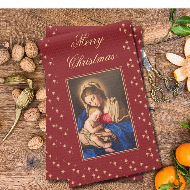 Madonna & Child Religious Christmas Decorations Kitchen Towel (Red and gold, religious Christmas kitchen towels with Madonna and Child for Catholics and Christians)
