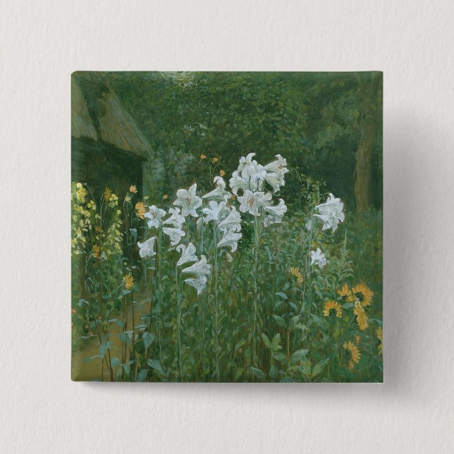 Madonna Lilies in a Garden 2 Inch Square Button (Front)