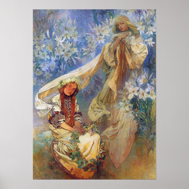 Madonna of the Lilies, Alphonse Mucha Art Poster (Front)